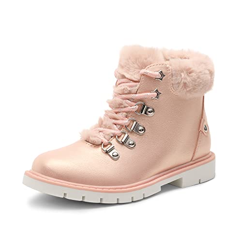 DREAM PAIRS Girls Kids Side Zipper Lace up Faux Fur Ankle Boots 4 Big Kid Pink/Pu