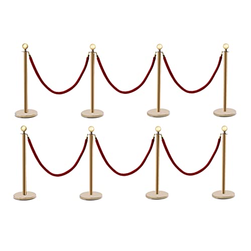 8PCS Gold Stanchion Post, 3 Red Velvet Ropes Queue Rope Barriers, 60In Crowd Control Barrier Queue Line, Crowd Control Poles, for The Theaters, Museums, Film Festivals, Red Carpet