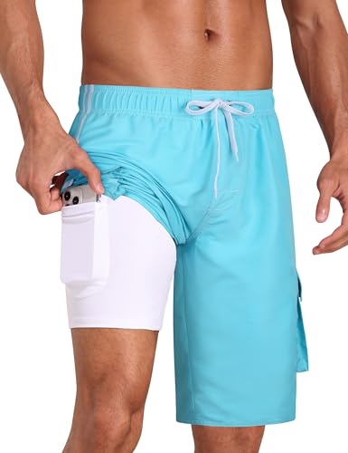 Nonwe Men's Swim Trunks with Compression Liner Quick Dry Classic 2 in 1 Board Shorts Swimwear