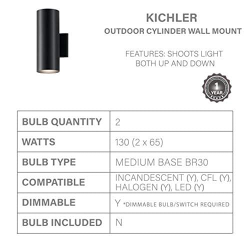 Kichler Cylinders 12" Outdoor Wall Sconce in Black, 2-Light Exterior Wall Light, Cylinder Fixture, (12" H x 5" W) , 9244BK by Kichler - Image 3