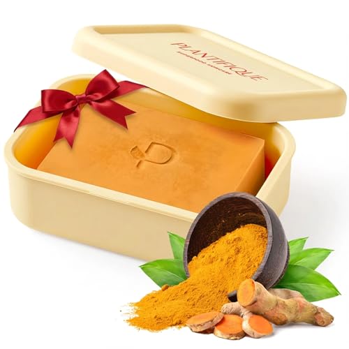 PLANTIFIQUE Jabón de Cúrcuma y Ácido Kójico, 1 Barra con Funda de Silicona - Jabon Cara para Manchas, con Vitamina C Ácido Hialurónico y Colágeno - Turmeric & Kojic Acid Soap 80 g