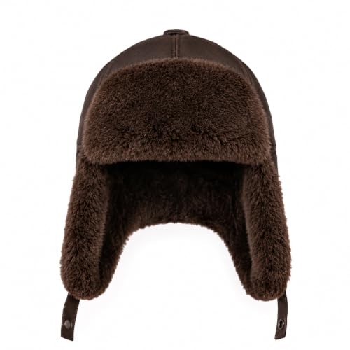 Image of Leather Aviator Russian Ushanka Trapper Shearling Sheepskin Fur Ear Flap Waterproof Winter Hat