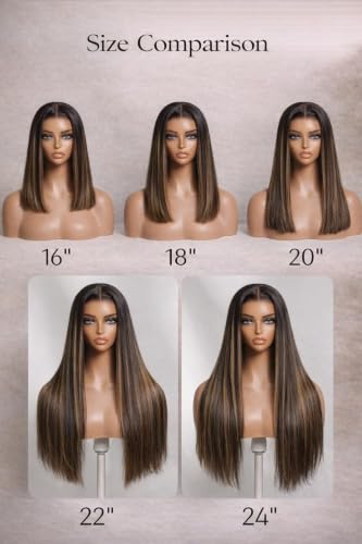 Image of Sunber Ombre Brown Balayage Highlights 13x4 Pre-Everything Lace Frontal Yaki Straight Human Hair Drawstring Wig Put On and Go Pre Cut HD Lace Pre Plucked Invisible Knots Yaki Glueless Wigs 22Inch