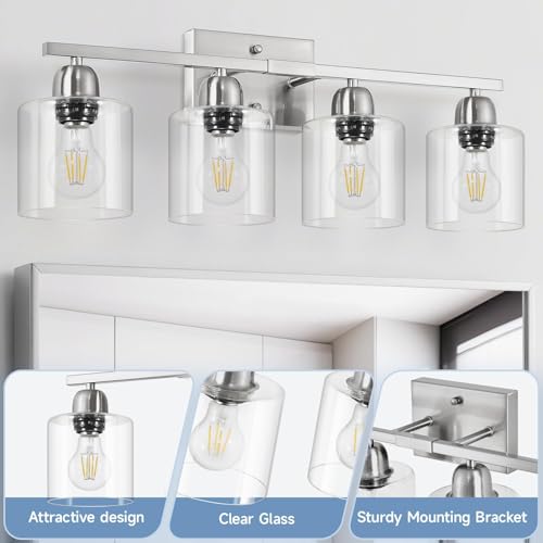 Image of Modern Brushed Nickel 4 Light Bathroom Light Fixtures, 24 inch Vanity Lights for Bathroom with Clear Glass, Bathroom Vanity Light for Mirror Kitchen Living Room Hallway Cabinet Porch