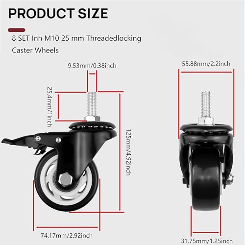3 Inch Threaded Stem Casters with Total Lock Brake, 3/8\"-16 x 1 Stem (Diameter 3/8\", Length 1\"), Heavy Duty Swivel Caster Wheels Set of 8, No Noise Black