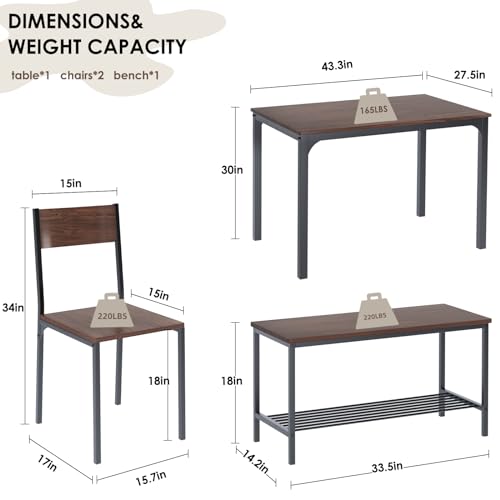 SogesHome 4-Piece Kitchen Table and 2 Chairs for 4 with Bench, Dining Table Set for Small Space, Apartment, Living-Room, Restaurant, Dark Walnut - Thumbnail 7
