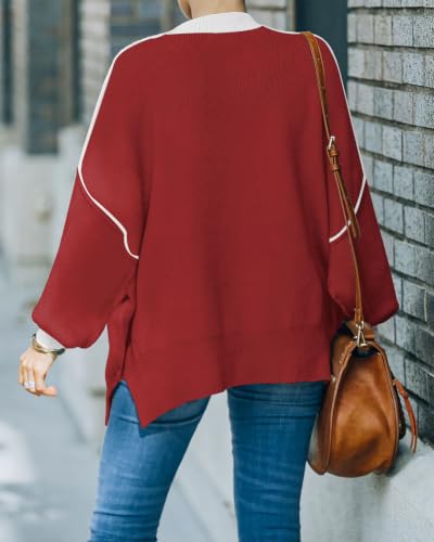 Image of Womens Sweaters Causal Crewneck Batwing Sleeve Knit Top Side Split Oversized Pullover Sweater Loose Jumper