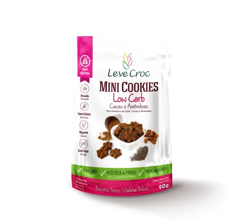 Biscoitos sem glúten Leve Croc Mini cookies low carb Cacau e Amêndoas 90g