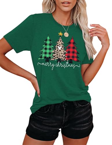 Christmas Tshirt Women Merry Christmas Leopard Tree Graphic T-Shirts Short Sleeve Xmas Holiday Tops (Green-a,XL)