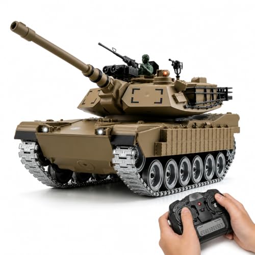 AoreSpty Char Télécommandé M1A2 1:18 – Chenilles Tout-Terrain Fumée Son Lumière Tir d'eau 2.4GHz | Tank RC Jouet Combat Cadeau Garçon 8 Ans Militaire