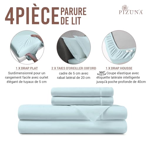 Parure de lit 270x310cm bleu bébé en coton percale 4 pièces