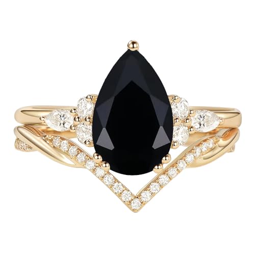 Pear Shaped Black Onyx Rings for Women Wedding Sets - Black Onyx Bridal Sets Wedding Rings White Yellow Rose 10K 14K 18K Gold 925 Sterling Silver Personalized Womens Wedding Ring Sets4