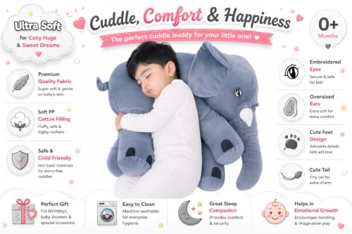 Image of Big Jumbo Elephant Soft Toy for Kids Girls Boys,Grey,Big cushionAnimal Plush Stuffed Baby Teddy Gift Birthday, 60 cm