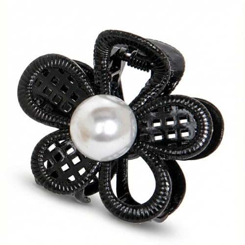 Image of Radhu & Kabby Metal Flower Pearl Hair Claw Clip Pack | Black, Silver & Gold Mini Floral Claw Clips for Women | Strong Grip Stylish Vintage Pearl Center Hair Accessories | Pack of 3