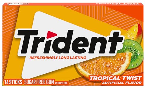 Image of Trident Sugar Free Chewing Gum Pineapple Flavor, Tropical Twist, Island Berry Lime, Watermelon, Bubblegum Flavor 14 Sticks, 26.6 g | Pack Of 5 | Imported Chewing Gum