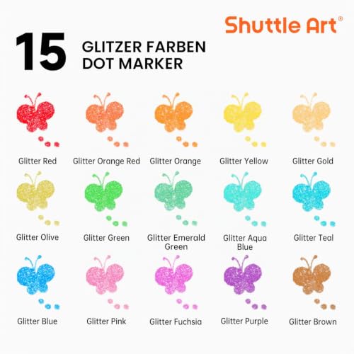 Shuttle Art 15 Glitzer Dot Markers, Kinderstifte auswaschbar, Bingo Marker, Stempelstifte für Kinder zum Malen & Bingo Painting Set, Bingo Dabber Pen mit ungiftiger Wasserbasis Tinte, Punkt Marker Set