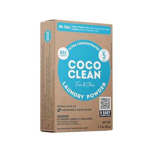 Coco Clean Laundry Max Powder Free & Clear, Made in the USA, Biodegradable, Plastic-Free, Travel...