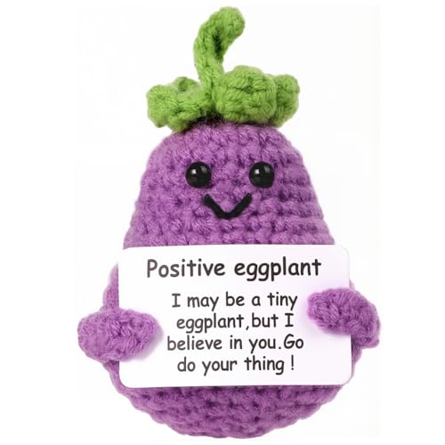 Image of Zibuyu Handmade Crochet Eggplant Toys Desk Decor with Positive Message Card Cute Motivational Crochet Toys Gift for Office Home Baby Nursery, Purple
