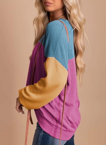 Image of Dokotoo Womens Tops Fashion 2026 Color Block Long Sleeve Shirts for Women Crewneck Knitted Casual Loose Blouses