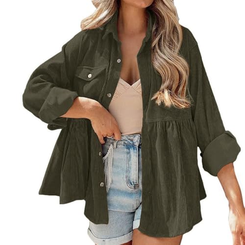 Womens Corduroy Peplum Shacket Jacket Long Sleeve Button Down Babydoll Shirts 2025 Fall Oversized Casual Blouses Tops2