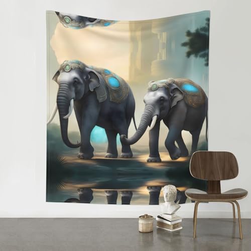 Tapisserie murale éléphants asiatiques 152x130 cm pour décoration de salon