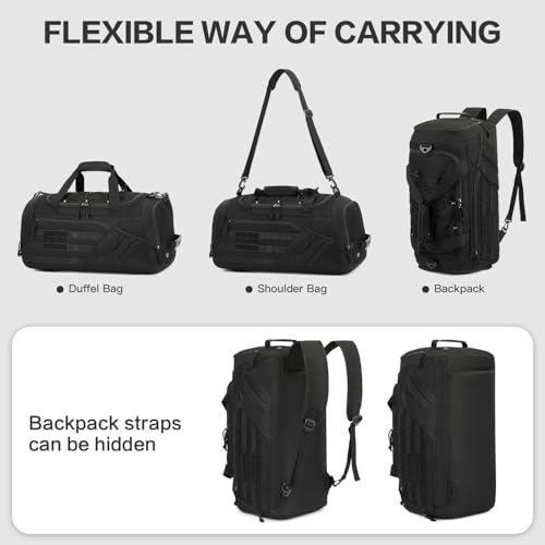 Image of 3-in-1 Tactical Gym & Travel Duffle Bag Backpack Men Multi-Functional 45L Military Sports Duffle Bag with Shoe Compartment & Wet Pocket for Workout Weekender Overnight Bag with Molle Webbing, Black