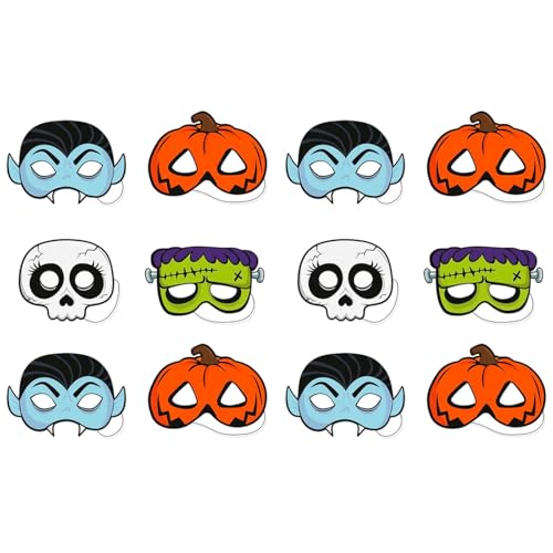 Acan - Pack de 12 Máscaras Truco o trato para Halloween - Varios diseños: Calavera, Vampiro, Calabaza y Frankenstein - 14 x 20 cm