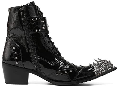 Santimon Mens Genuine Leather Ankle Oxfords Boots with Dragon Metal Pointed Toe – Gothic Punk Double Buckle Lace-Up Studded High Top Cowboy Western Boots for Stage, Party, Clubwear, Bar3