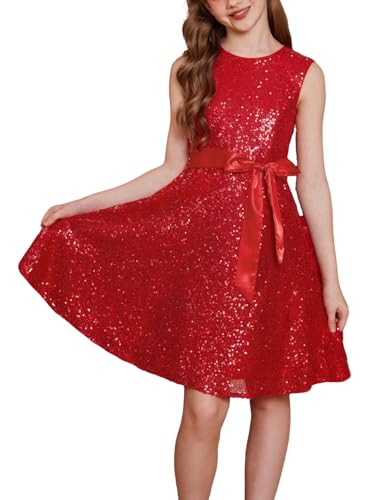 GRACE KARIN Mädchen Ärmellos A-Linie Pailletten Kleid Glitzer Partykleid mit Schleife Rot 10 Jahre