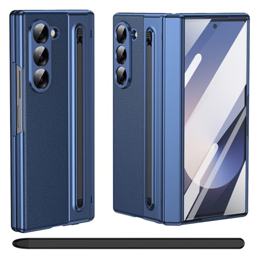 Funda para Samsung Galaxy Z Fold 5 con Soporte para S Pen, [con Protector de Pantalla de Vidrio Templado], Funda de Cuero para Samsung Galaxy Z Fold5 con protección de bisagra Azul