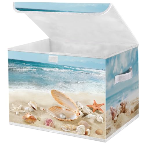 Image of Briwooody Beach Storage Bin with Lid Handle Coastal Foldable Storage Box