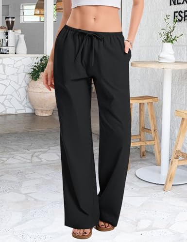 Women's Summer Drawstring Waist Wide Leg Loose Cotton Linen Palazzo Pants Daily Casual Wear