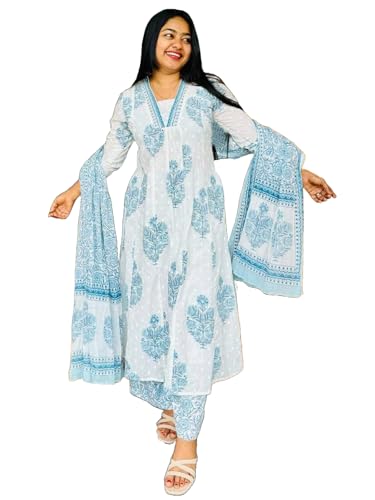 Image of GoSriKi Women's Rayon Blend Anarkali Printed Kurta with Pant & Dupatta