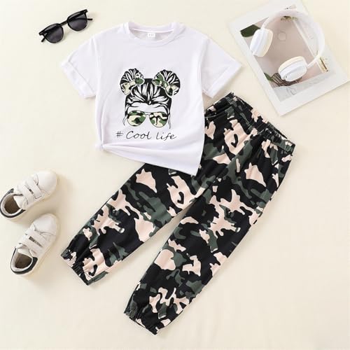 Image of Ayzozuy Kid Girl Clothes Outfits Figure Letter Graphic Tee Top + Flap Pocket Pants 2PC Clothing Set