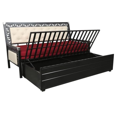 Image of Rexo Metal Sofa Cum Bed with Hydraulic Storage | 3 Seater Convertible Sofa Bed for Living Room | Heavy Duty Metal FrameMatte Black Finish with Maroon Cushion, Single