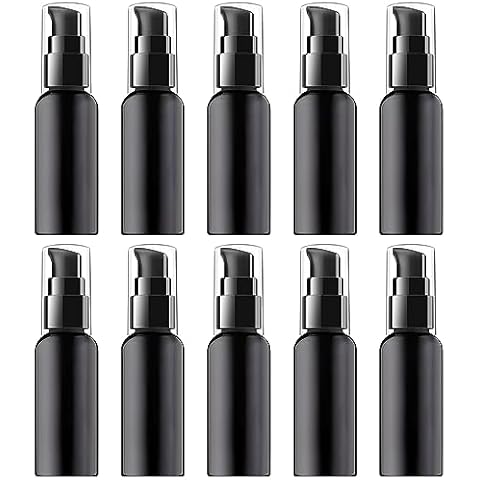 VIDELLY 10 Pieces Travel Pump Bottles for Toiletries 2oz Small Pump Bottles Clear Travel Bottle Plastic Empty Spray Bottle Dispenser With Black Cap For Lotion Cream Essential Oil(50ml,Black) Cover