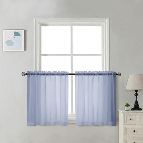 Image of Chyhomenyc Sheer Curtains 30 inch Length 2 Panels - Light Filtering Voile Rod Pocket Short Window Curtians for Bathroom Living Room Farmhouse Small Windows, 42Wx30L inches, Denim Blue