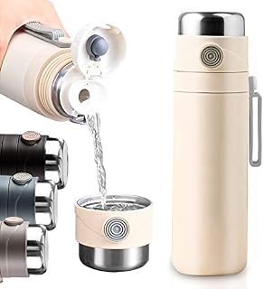 Stainless Steel Water Bottle - 500ml Double Walled Vacuum Insulated Drinks Bottles with Cup & Filter - Reusable BPA Free Leakproof Metal Coffee Mug Thermal Flask for Hot Drinks and Cold 12h (White)