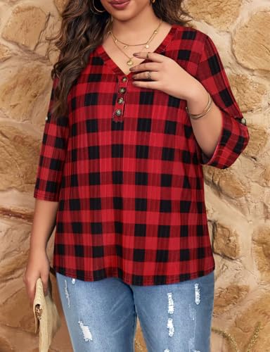 Image of Koscacy Women Plus Size V Neck 3 /4 Roll Sleeve Sweater Casual Knit Tops Solid Color Blouses