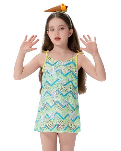Angel season Girls Crochet Beach Cover up Kids Mesh Cover up Green Wave Knit Swimsuit Girls Beach Outfits for Summer Vacation Size 11-12