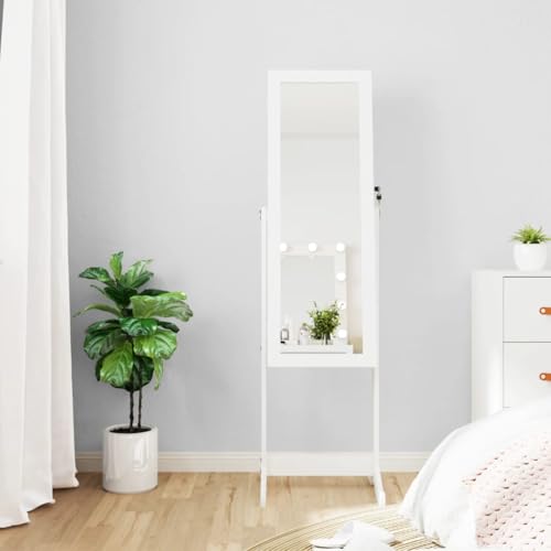 SHARK SHIP Elegant White Free Standing Mirror Jewellery Cabinet with LED Lights, Ample Storage, Lockable Design, Adjustable Mirror