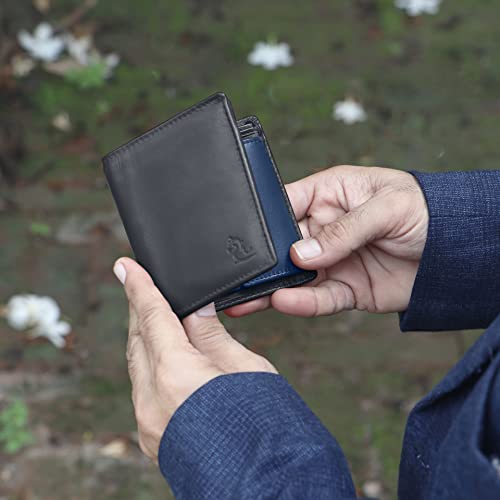 Image of KARA Genuine Leather Wallet for Men - Bi Fold Vertical Dual Color Black & Blue Men's Wallet with Six Business Card Holding Slots