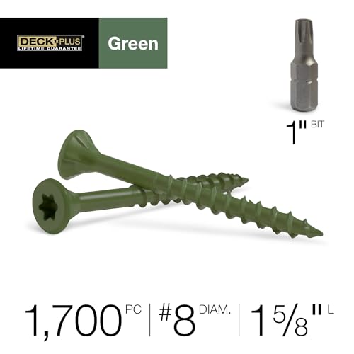 Image of Deck Plus 1-5 /8 Inch Epoxy Coated Exterior Wood and Fence Screws #8 x 1-5 /8 inch Torx /Star Drive Included Coarse Thread, Outdoor Rust Resistant Decking Screw, Green, Keg, 1700 Pieces | 49318