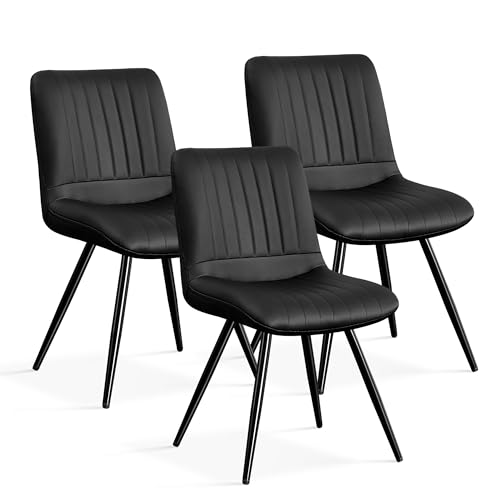 Image of Dining Chairs Set of 3, Modern Dining Chairs with Thick Cushions, PU Leather Upholstered Kitchen Dining Room Chairs with Metal Legs for Dining Living Room (Black)