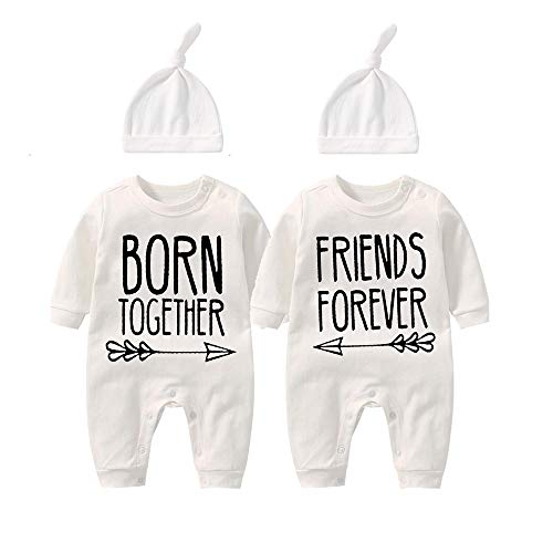 YSCULBUTOL Baby Twins Bodysuit Born Together Friends Forever Newborn Clothes Unisex Twin Outfits With Hat(White BF 3m)