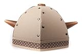 Dieser VAH Wikinger-Helm wird aus robuster Pappe, Echtholz und Stoff hergestellt, ist dadurch besonders bequem zu tragen (kein Kratzen und Zwicken) für Kopfumfänge bis max. 54cm geeignet.