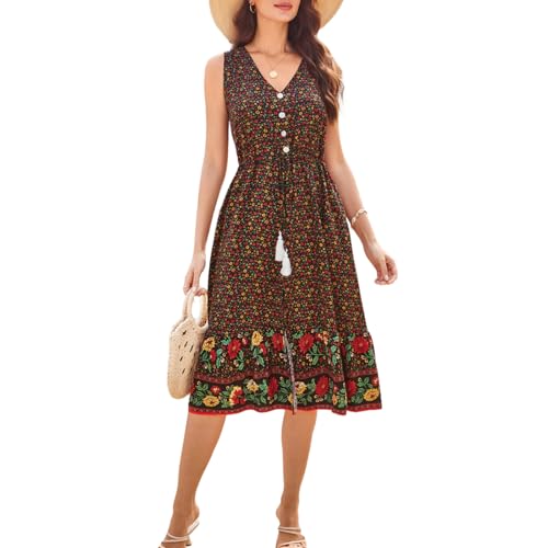 Image of BROVAVE Women Summer Bohemian Floral Print V Neck Sleeveless Sundress Flowy Casual Midi Dress