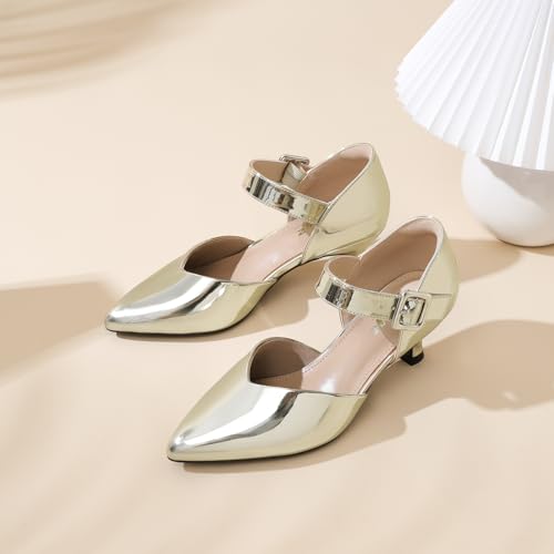 Image of RIBONGZ Comfortable Kitten Heels for Women Pointed Closed Toe Ankle Strap Buckle Heels Slip on Low Heel Church Pumps Wedding Bridal Party Dressy Shoes