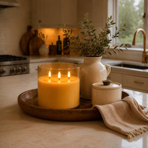 Image of Homemory 6x6 Inch Extra Large Flameless Candle with 3 Wicks, Amber Glass LED Pillar Candle, Real Wax Battery Operated Candle with Remote Control and Timer for Home and Holiday Decor