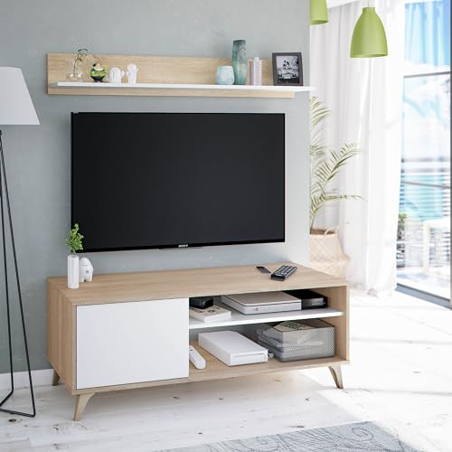 Miniatura 2 de Habitdesign Modulo Tv Con Estante, Mueble De Salon, Juego De Muebles, Modelo Kikua Plus, Acabado En Blanco Artik Y Roble Canadian, Medidas: 135 Cm Ancho X 50 Cm Alto 40 Cm Fondo
